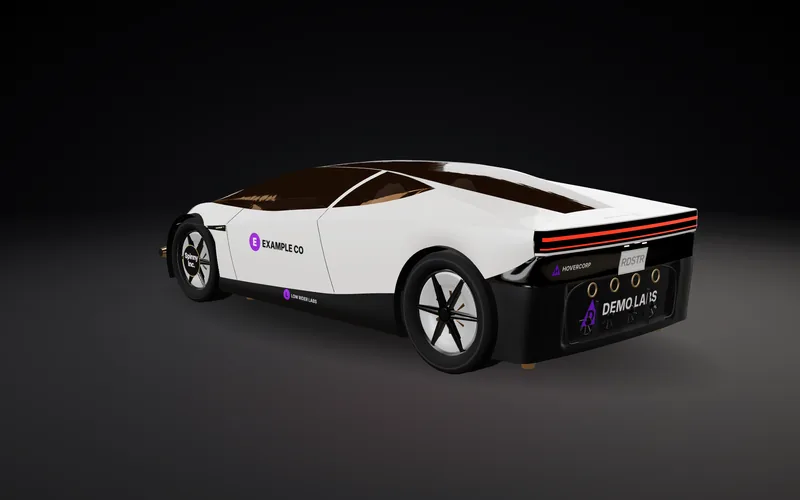 3D render of the car, rear three-quarter view, with example sponsor logos