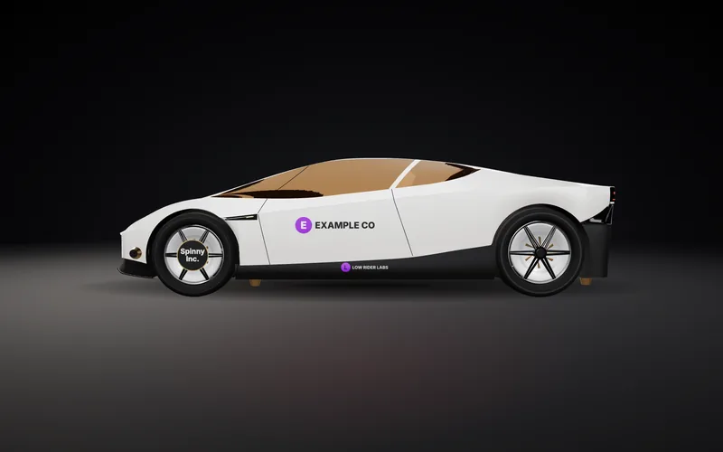 3D render of the car, side view, with example sponsor logos